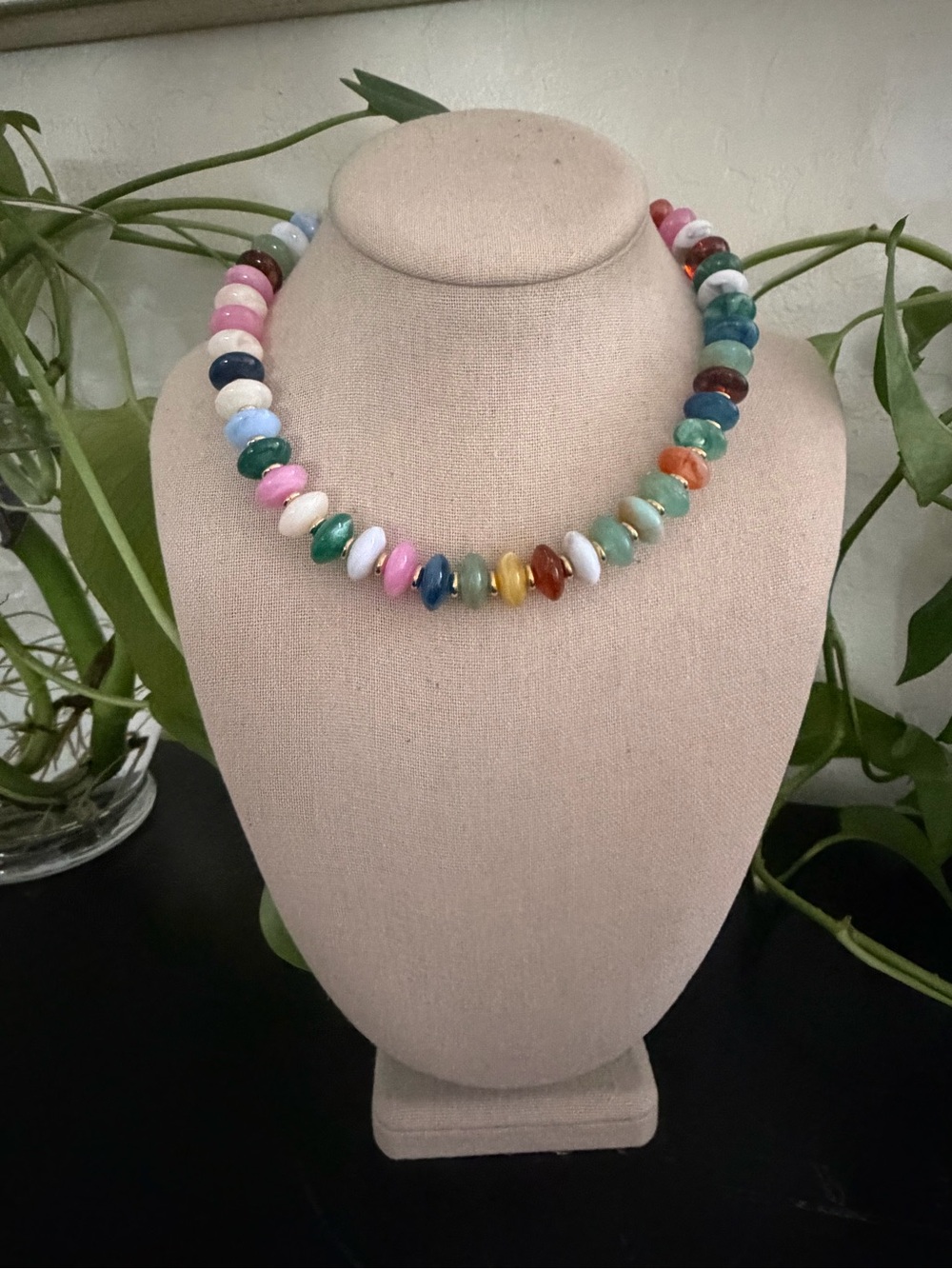 Vintage Marbled Multicolor Lucite & Gold Beaded Statement Necklace